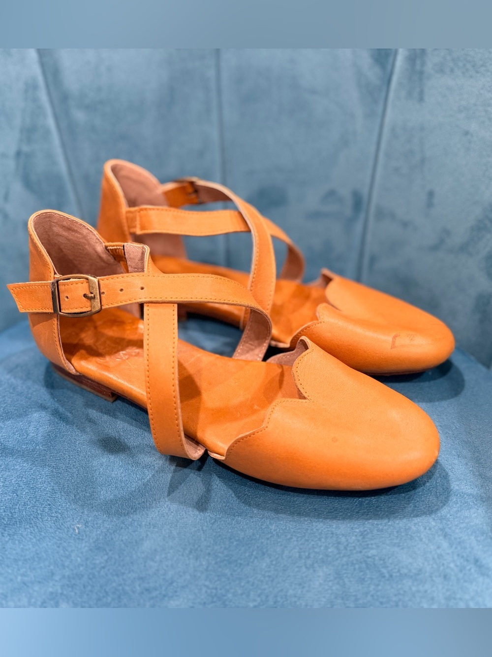 Women’s Orange Leather Cross-Strap Flats